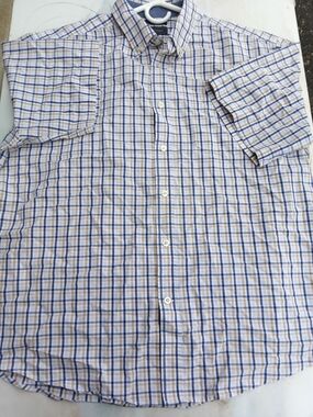 madison james Short Sleeve Plaid Button-Down Shirt in Blue and Tan